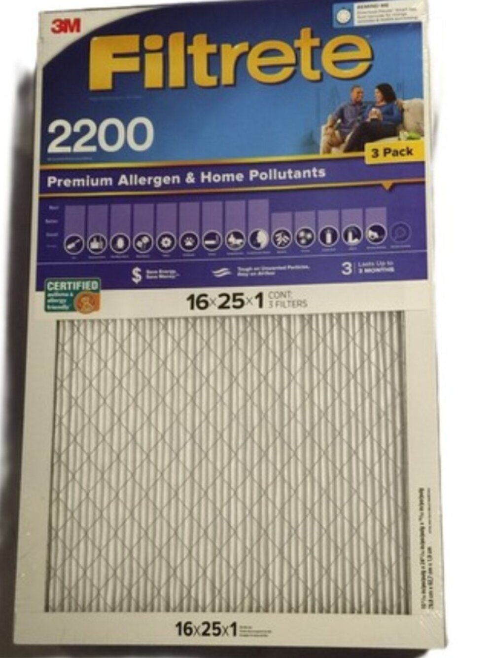 NEW 3M Filtrete MPR 2200 16 x 25 x 1 Premium Allergen HVAC Air Filter 3 pack
